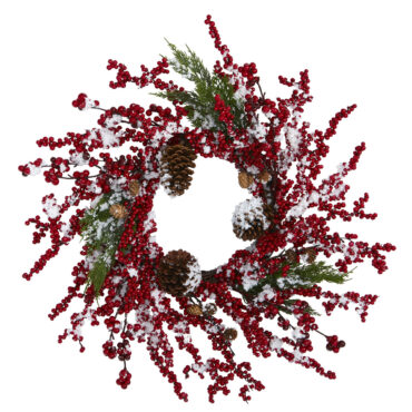 24” Frosted Christmas Artificial Wreath With Berries And Pine Cones