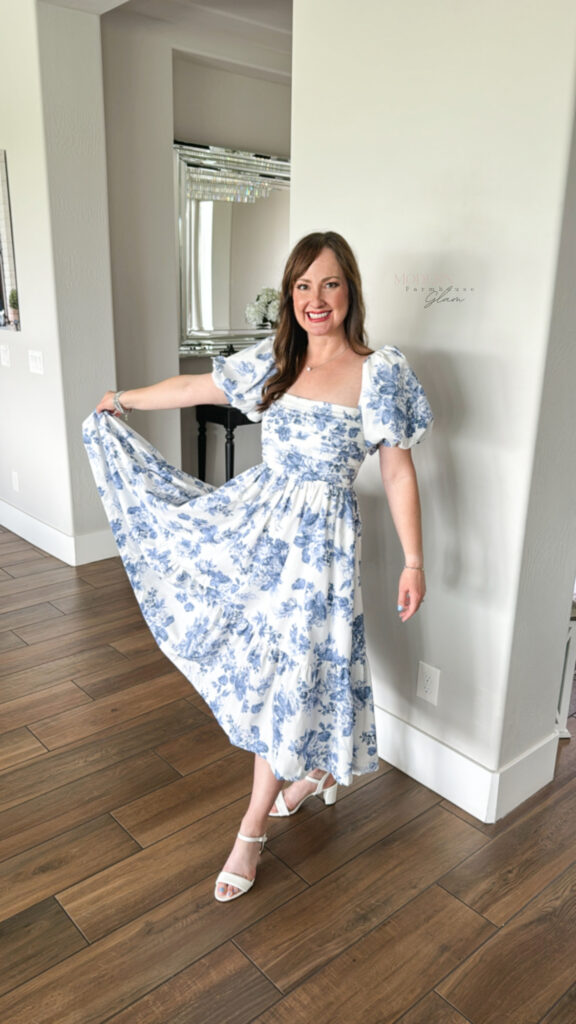 puffy sleeved blue and white floral long midi dress