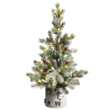 24” Flocked Christmas Artificial Tree In  Birch Bark Planter, 30 LED Lights