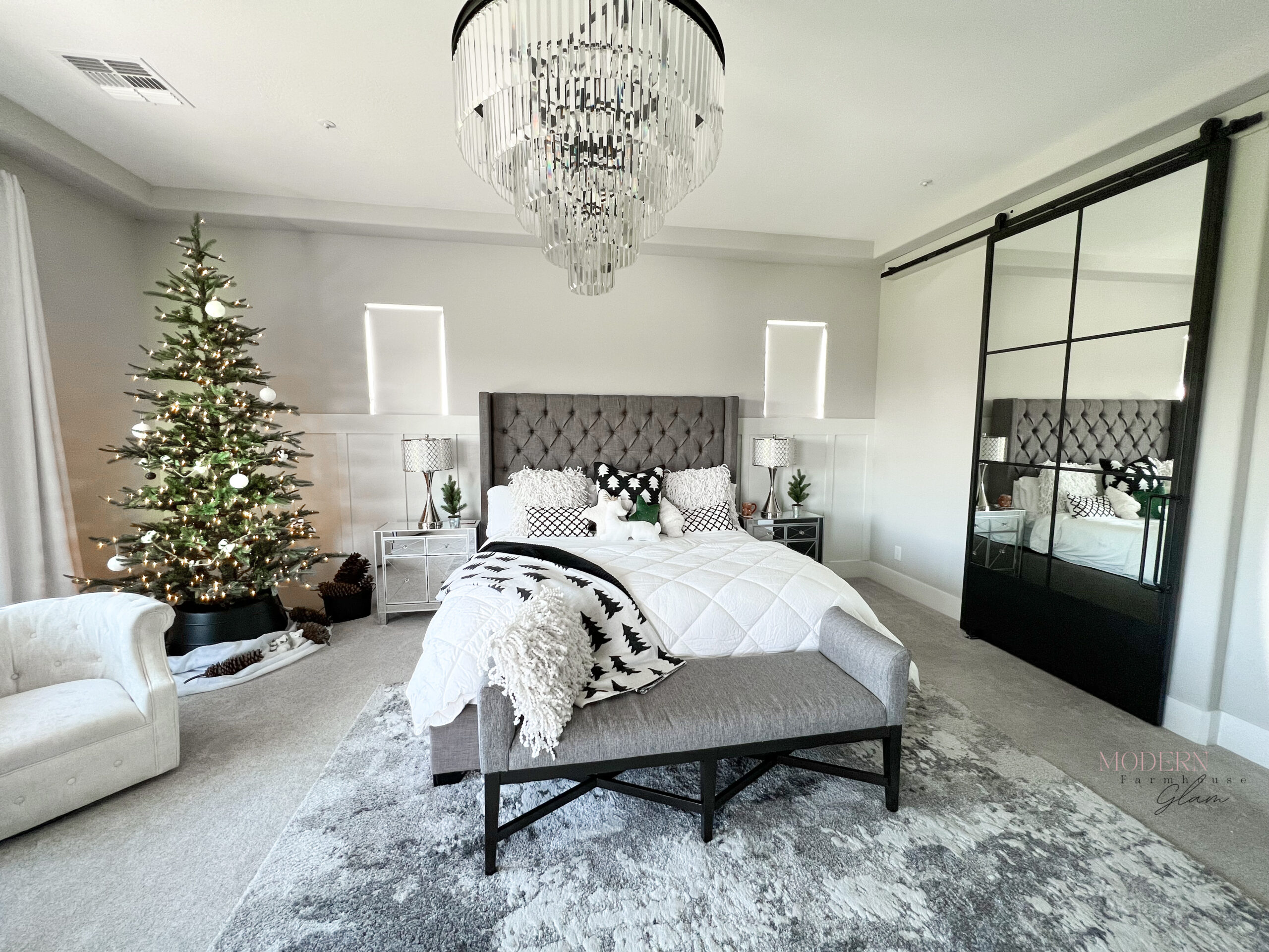 master bedroom rug, furniture, bed, lamps, nightstands, crystal chandelier 