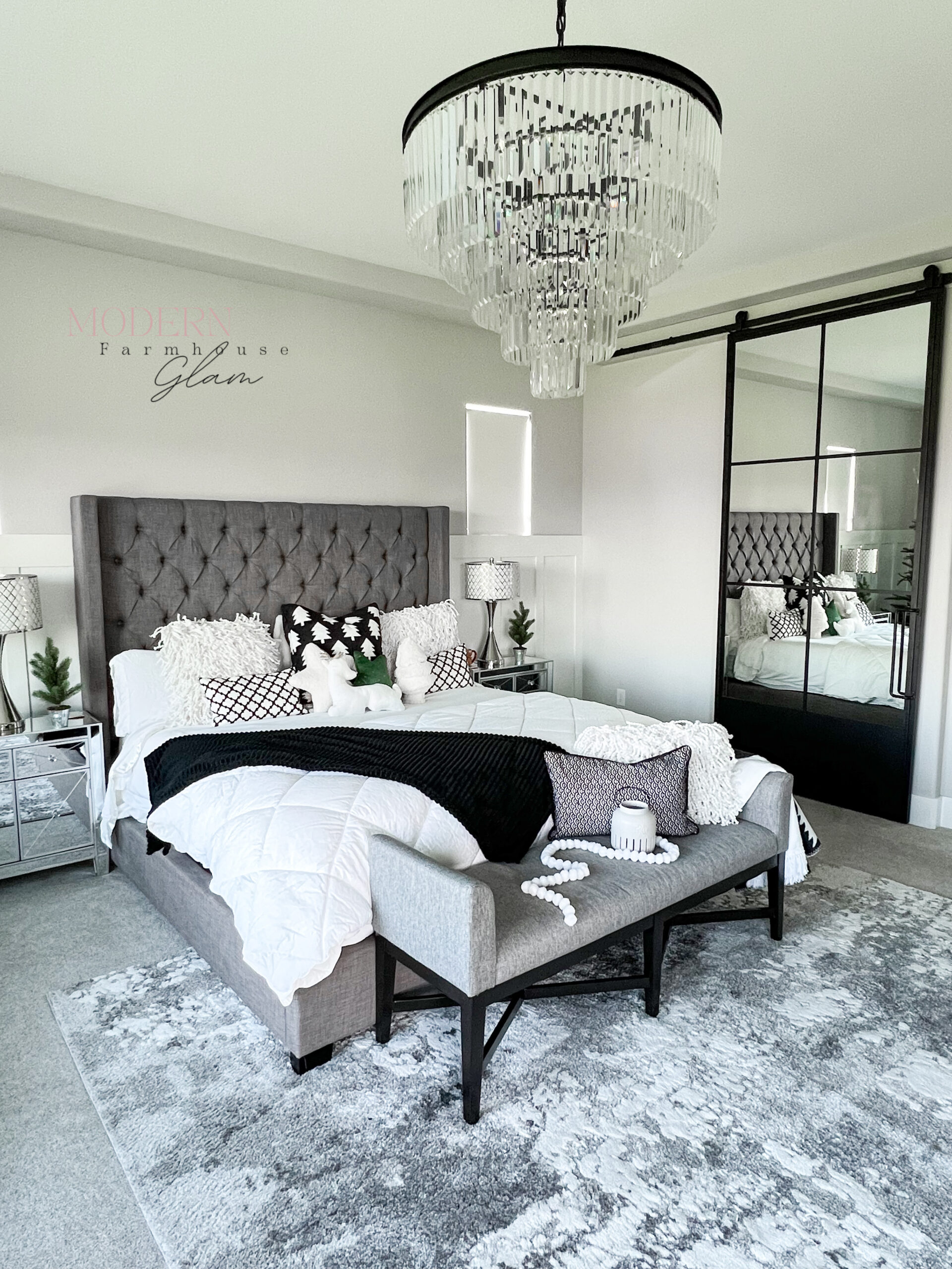 neutral area rug, master bedroom furniture design, nightstands, bedding, tufted headboard, chandelier