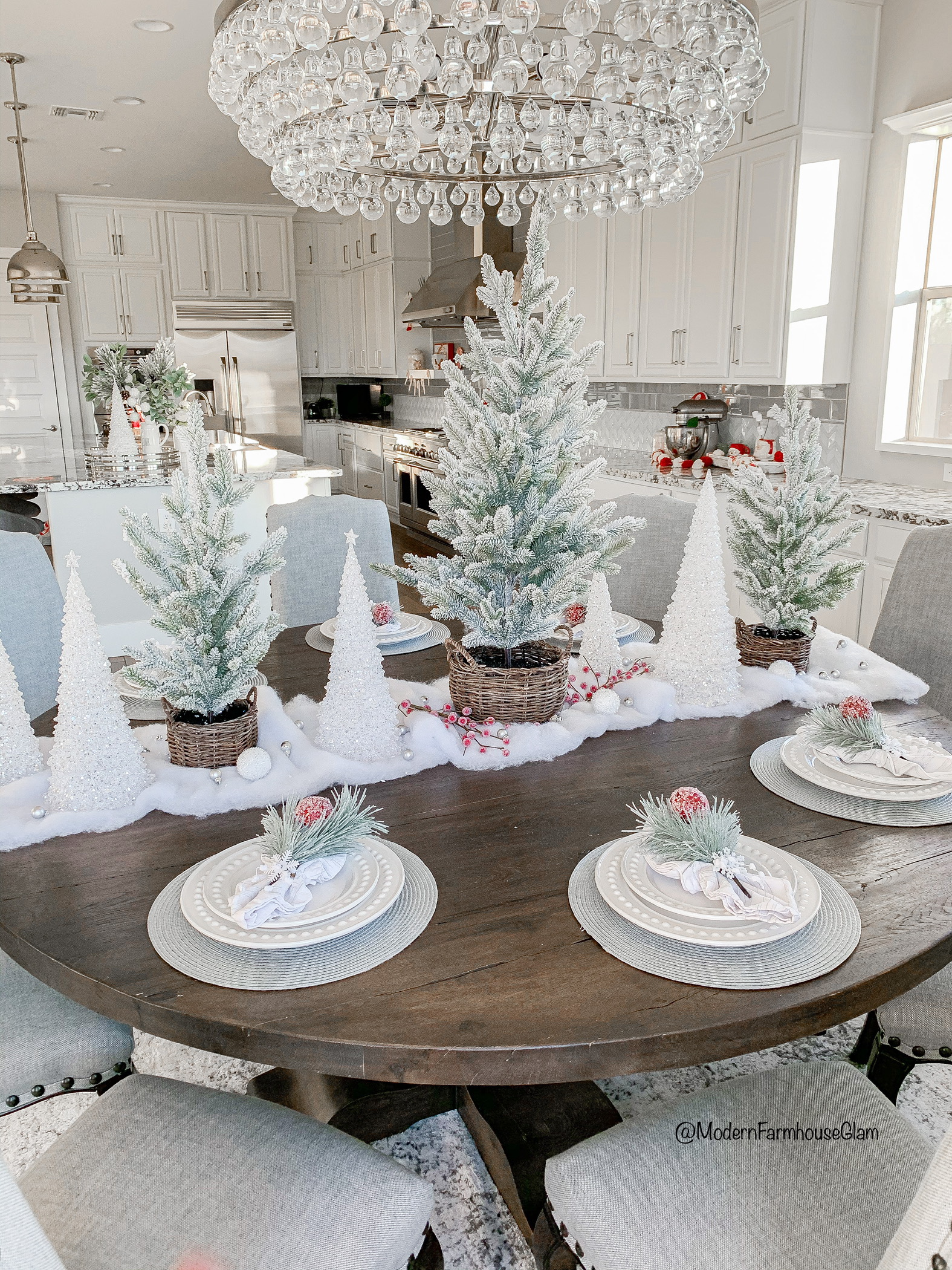 Christmas Tablescape Flocked Christmas Trees on Round Farmhouse Table 